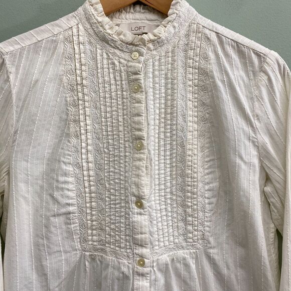 LOFT Button Down Shirt Top White Cotton Pleated Ruffle Cottagecore Womens Medium - Picture 2 of 9